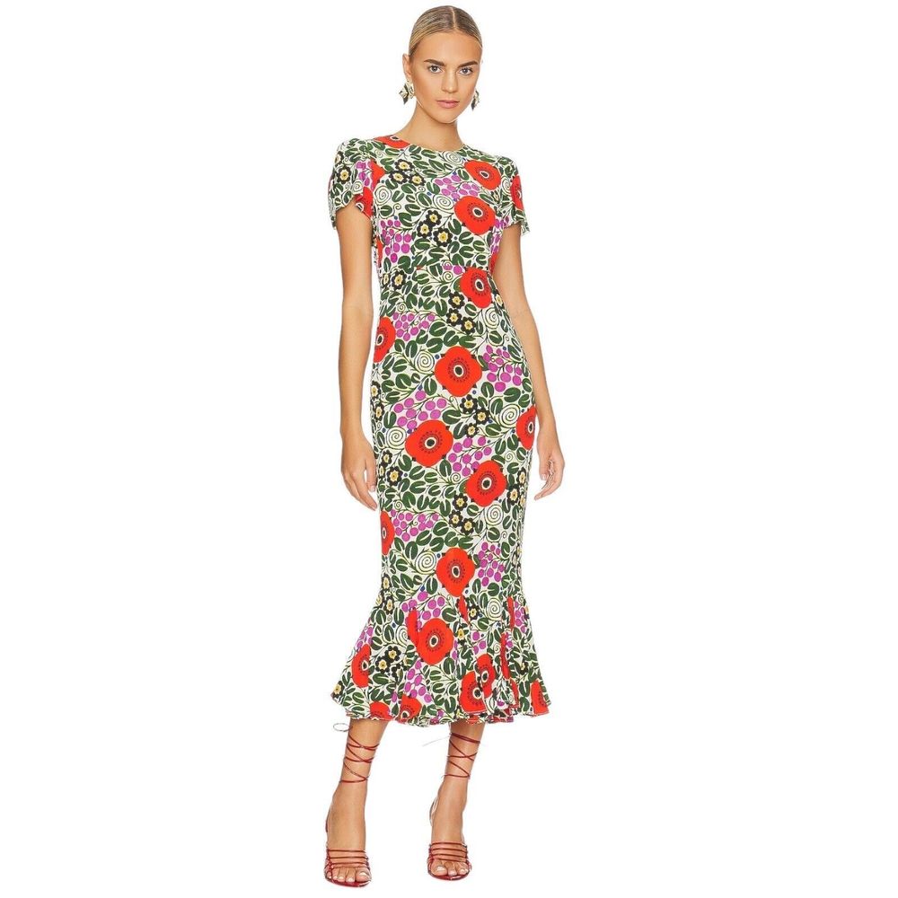 RHODE Revolve Lulani Flounced Ruffle Hem Midi Dress Aura Blossom Floral Size 6